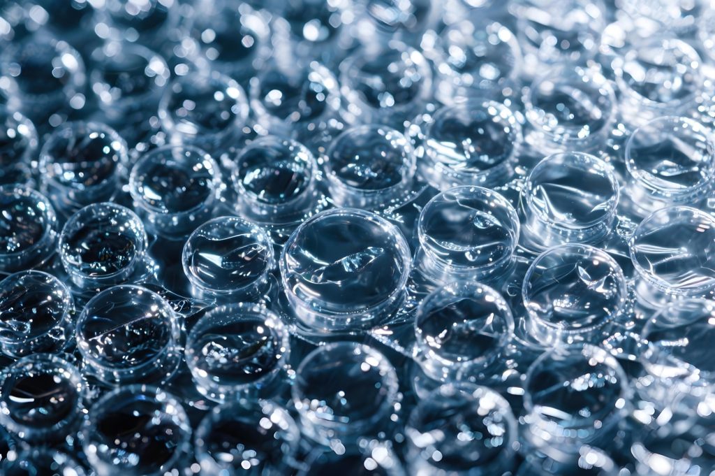 Przezroczyste kuleczki prezentujące wyjątkowo niską absorpcję wilgoci przez pa11 poliamid w zbliżeniu.