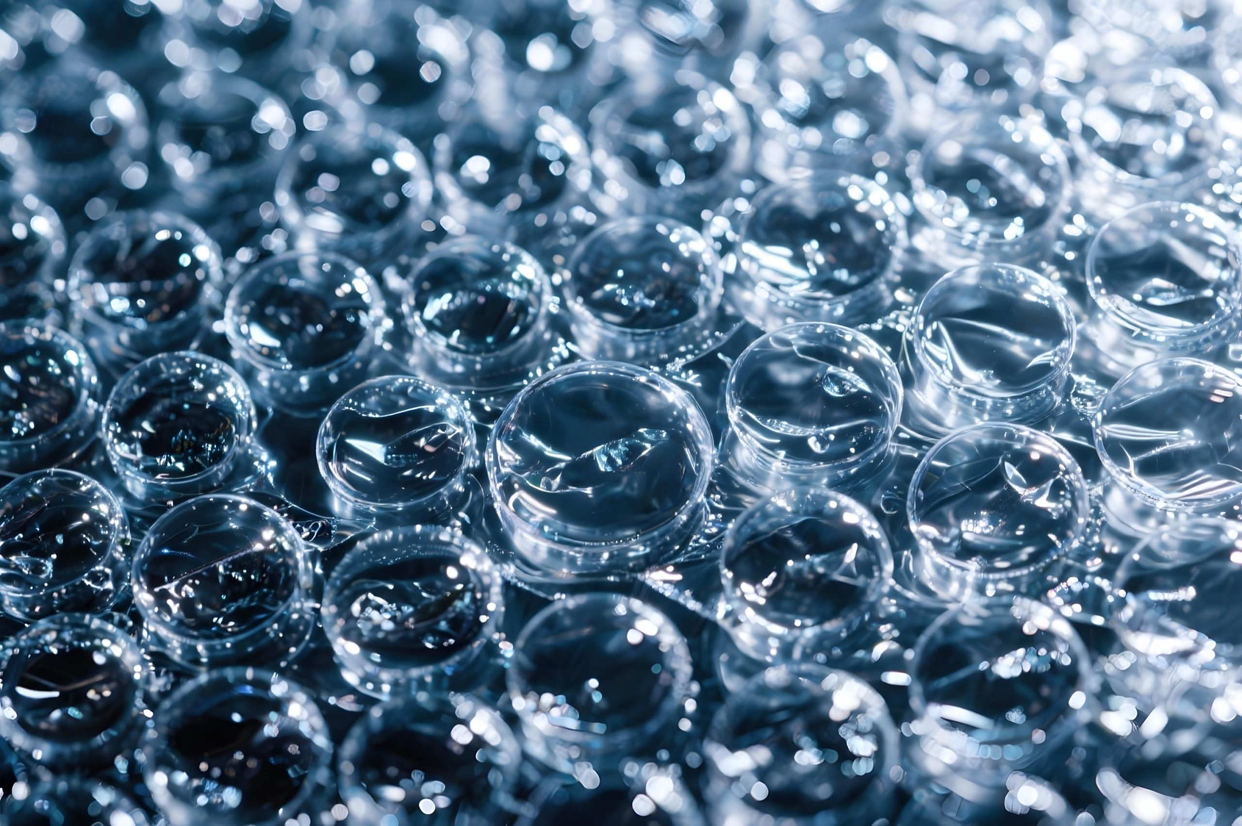 Przezroczyste kuleczki prezentujące wyjątkowo niską absorpcję wilgoci przez pa11 poliamid w zbliżeniu.