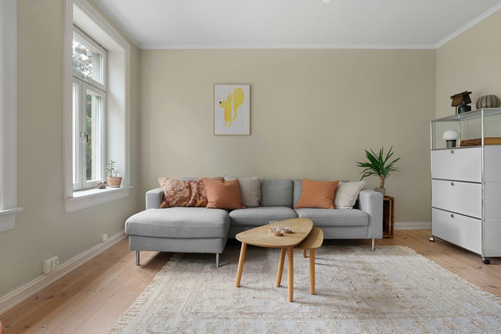 Na zdjęciu widoczny jest jasny, przestronny salon utrzymany w stonowanej, naturalnej kolorystyce